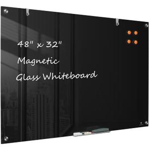 TSJ OFFICE Glass Dry-Erase Board - 48 x 32 Inches Wall Mounted Black Glass Magnetic Whiteboard, Large Frameless White Board for Office, Home & School
