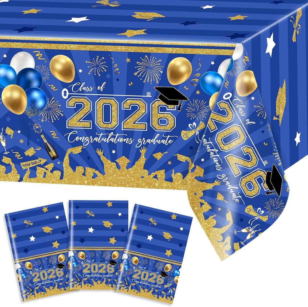 Avezano 3 pcs Graduation Tablecloths 108x54 inch Graduation Table Cloths Class of 2026 Blue and Gold Grad Party Tablecover Decorations Plastic Disposable