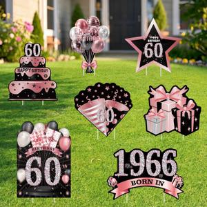 7 PCS Happy 60th Birthday Yard Signs, Birthday Outdoor Decorations for Men and Women, Made in 1966 Lawn Sign, Black Gold Sixty Year Old Birthday Yard Decor with Stakes(BlackPink)