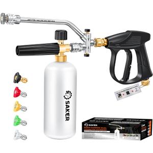 Saker Foam Cannon Dual Connector Accessory for Pressure Washer Kit, with Foam Cannon Dual Connector, Pressure Washer Gun for Car Washing and Cleaning,5 Power Washer Sprayer Nozzles (Four-Piece Set)