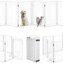 Metal Freestanding Dog Gate with Cat Door for Indoor/Outdoor,160" Extra Wide Foldable Pet Gate,32" Tall Foldable Indoor Dog Fence for Large Openings Stairs,Deck,Yard,Doorways(8 Panels,White)