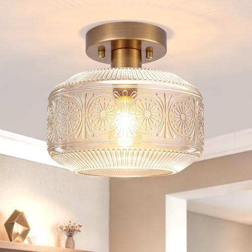DSMJFU Semi Flush Mount Ceiling Light, Vintage Small Ceiling Light Fixture, Thickened Glass Hallway Lighting Fixture, Brass Kitchen Ceiling Mount Light for Entry Way, Bedroom, Bathroom, Porch