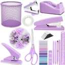 16Pcs Purple Desk Accessories- Purple Office Supplies with Stapler, Tape Dispenser, Pen Holder, Staple Remover, Hole Punch, Paper Clips, Pens, Cute Desk Set for Office Home School Women Students Gift