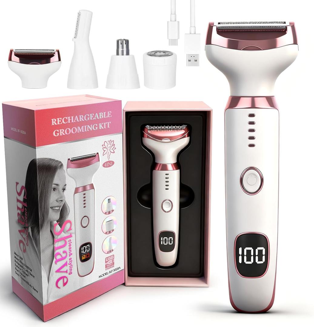Wet & Dry Electric Razor for Women Men,4 in 1 Rechargeable Led Display Electric Shaver and Facial Hair Remover,Painless Ladies Body Razors for Nose Face Body Leg Bikini Arm Hair (White)