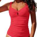 GRAPENT Tankini Tops for Women Twist Front Keyhole Bathing Suits Swim Tankini Swimsuits Padded Ruched Swimwear Top Only (Large, Red)
