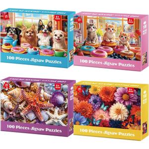 4 Packs 100 Piece Puzzles for Adults Seniors - Dogs Starfish Flower Cats Puzzles for Kids Ages 4-6 6-8 8-10 Year Old Large Piece Puzzle for Kids Learning Educational Toys for Boys and Girls Ages 5-8
