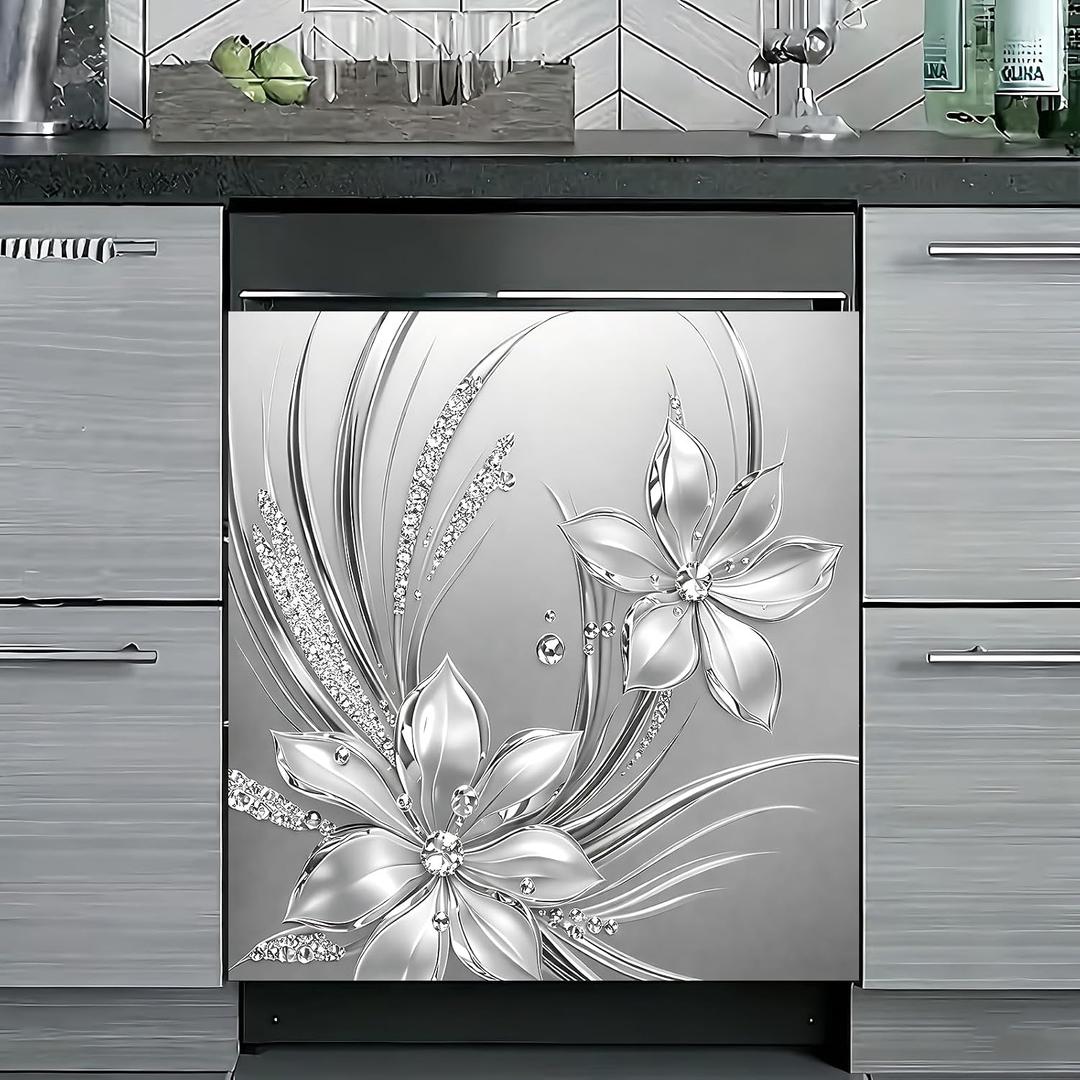 Dishwasher Magnet Cover, Dishwasher Magnetic Decoration, Embossed Flower-Themed Sticker, Dishwasher Refrigerator Protection Magnetic Kitchen Art Decoration 23x25.5 inches (Silver Embossed Floral 2)