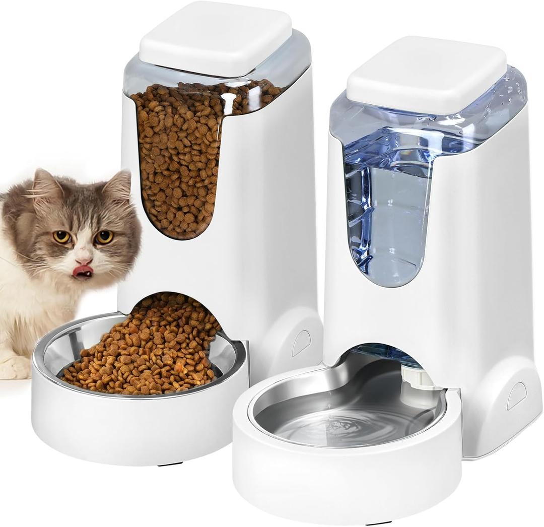 Automatic Cat Feeder and Water Dispenser with Stainless Steel Bowl Dog Gravity Food Feeder and Waterer for Small Medium Pets Puppy Kitten 1 Gallon x 2 (White3.8L*2)