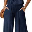 Dokotoo Pants Sets Women 2 Piece Outfits Sleeveless Round Neck Tank Tops Matching Sets for Women Elastic Waist Wide Leg (Medium, Blue)