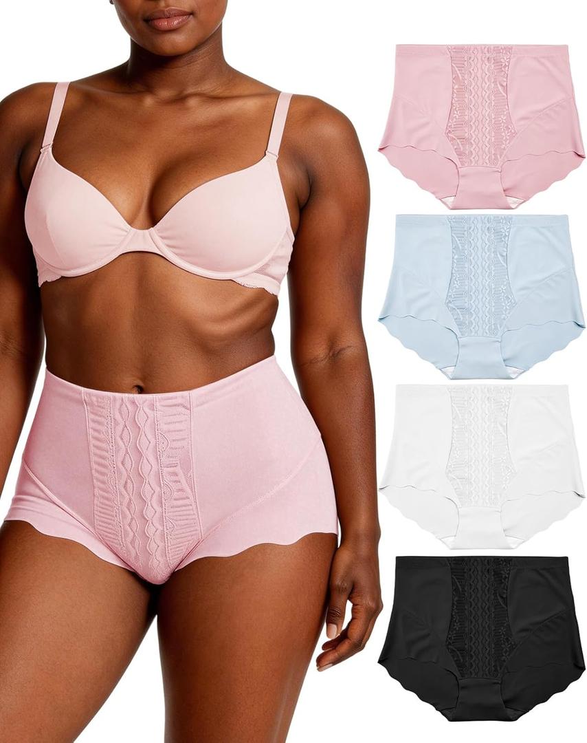 4Pack Women's High Waisted Underwear Moderate Tummy Control Shapewear Panties Stretch Lace Briefs for Women