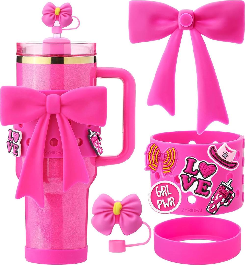 Cup Accessories for Stanley 40oz Tumbler Only, Bow Accessory Decoration, Bow Tie Straw Topper, Silicone Cup Sleeve for Stanley Quencher 40oz, Hot Pink (Rose)