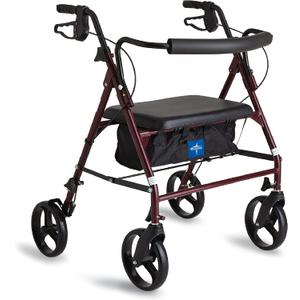 Medline Large Steel Bariatric Rollator Walker with Adjustable Handles, Padded Seat & Backrest, Burgundy, 500 lb. Weight Capacity, Foldable with Storage, 8" Wheels, Rolling Walker For Seniors & Adults