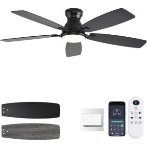 52inch Flush Mount Ceiling Fans with Lights and Remote Control/APP Control, DC Reversible Motor, Noiseless, Dimmable, Low Profile Black Ceiling Fan for Bedroom Indoor/Outdoor Use