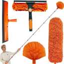 20+ Feet High Reach Duster Kit with 3-14 ft Spliceabl Pole, High Ceiling Dusting and Window Cleaning Kit // Window Washer & Squeegee, Cobweb Duster, Feather Duster for Cobweb & Wall Dust Remover