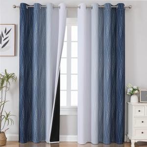 Estelar Textiler Navy Blue and Greyish White Blackout Curtains for Bedroom 84 Inches Long, Full Room Darkening Grommet Curtains for Living Room, Thermal Insulated Ombre Drapes, 52Wx84L, 2 Panels