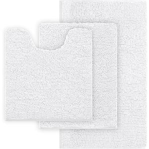 White Bathroom Rugs Chenille Bath Mat Set 3 Piece, Extra Soft, and Absorbent Shaggy Rugs, Machine Wash and Dry, Perfect Plush Carpet Mats for Tub, Shower, Bathroom Rug Mats