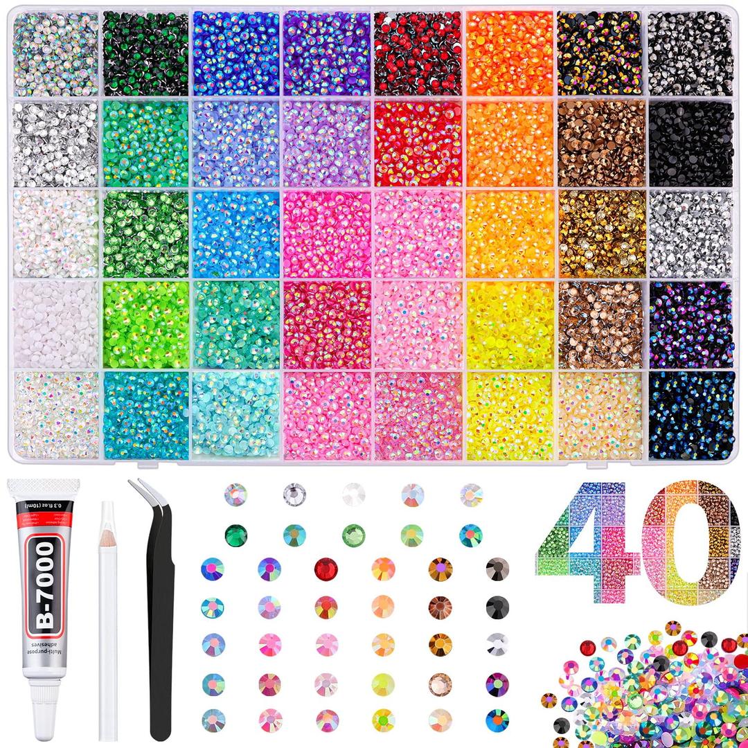 40000Pcs Resin Jelly Rhinestones for Bedazzling, 3mm Mixed-Color Flatback Gems for Diamond Art, Bedazzler Kit with 1Pcs 10ml B7000 Jewelry Glue for Crafting Crafts Book Shoes Nail Art (Ultra Large Packs + 1Pcs Glue)