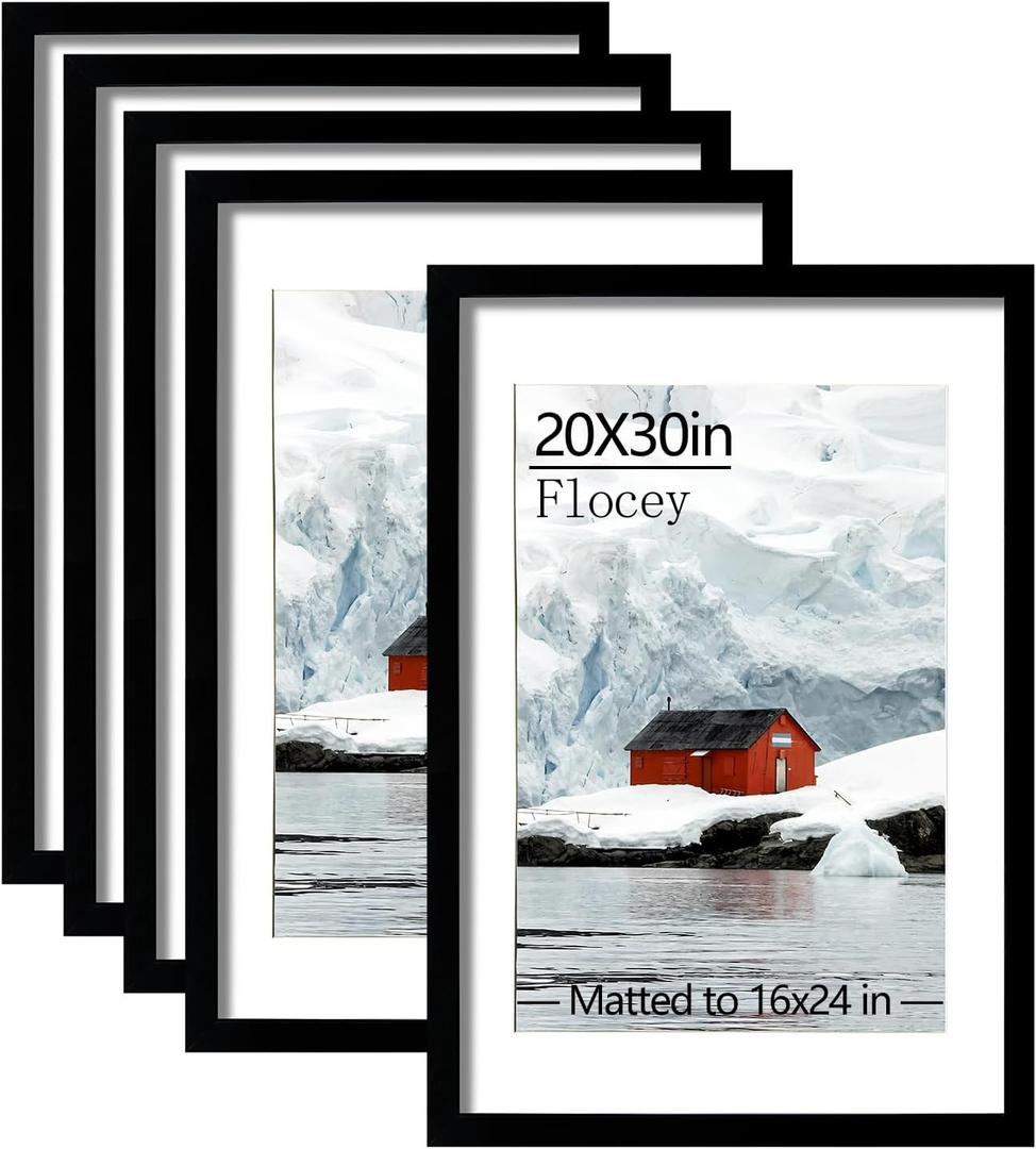 20x30 Picture Frame Set of 5, Black Poster Frame, Display Pictures 16 x 24 with Mat or 20 x 30 Without Mat for Horizontal or Vertical Wall Mounting, Wall Gallery Frame, 20x30-5PACK