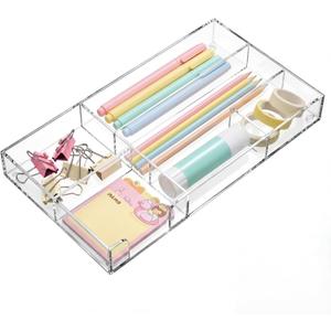 Briwooody Clear Acrylic Desk Drawer Organizer 11 x 6.1 x 1.38 Inch Storage Tray Organizer for Pens, Stationery, Desktop, Office, Bathroom, Kitchen, Makeup Supplies (6 Compartments) (Transparent)