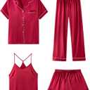 SAPJON Silk Pajamas for Women Set 4Pcs Ruffled Satin Pajamas Set Button Down Short Sleeve Cami Shorts Sleepwear Pj Set (Large, Wine Red)
