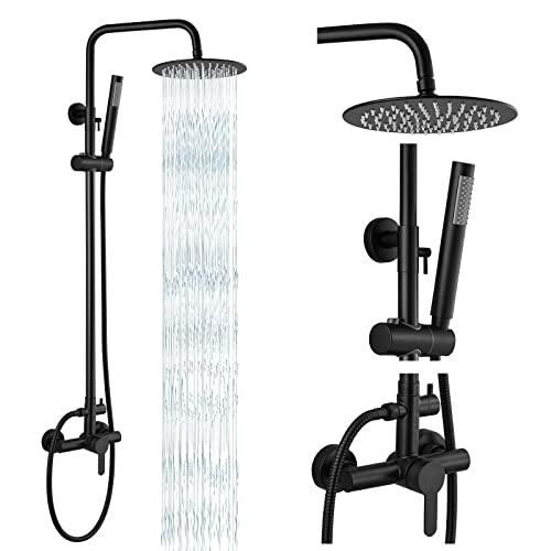 Gotonovo Outdoor Shower Fixtures SUS304 Stainless Steel Rain Shower Kit Faucet High Pressure Wall Mount 2 Dual Function 8 Inch Showerhead and Handheld Spray Combo, Single Handle, Matte Black