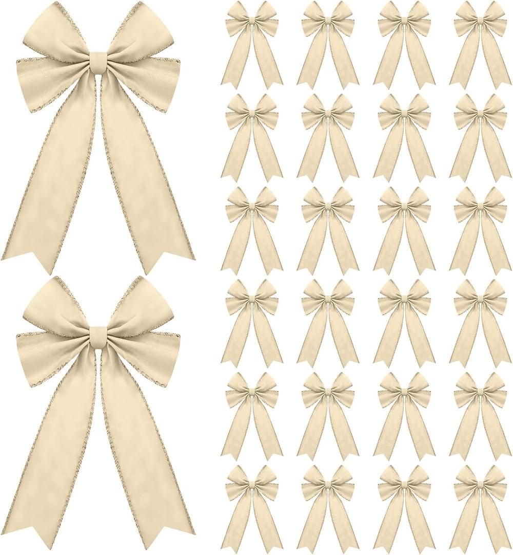 24 Pcs Christmas Velvet Bows 5 x 7.9 Inch Rustic Velvet Christmas Tree Bows Vintage Tree Ornaments for Xmas Holiday Garland Home Decor Wedding Outdoor Indoor Decoration(Beige)