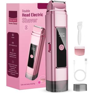 Electric Bikini Trimmer for Women: Razor & Shaver with Dual Heads for Body Pubic Hair, IPX7 Waterproof with LED Display - Rechargeable Lady Trimmer for Underarm Body Leg Face-Coral Pink