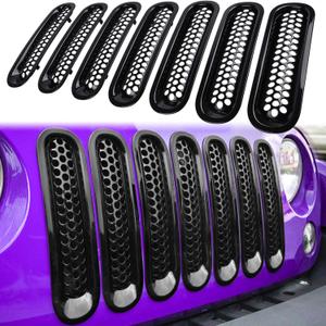 7PCS Front Grill Mesh Inserts for Jeep Wrangler JK JKU Unlimited 2007 2008 2009 2010 2011 2012 2013 2014 2015 2016 2017 2018 Grille Guard Cover Trim Clip-in Exterior Accessories (Glossy Black)