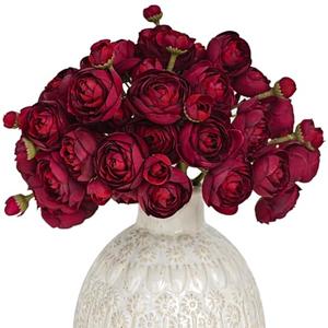 Letjolt Ranunculus Artificial Flower 18 Pcs Red Silk Ranunculus Wedding Bouquet Engagement Centerpieces Arrangements Bridal Shower Decorations Home Decor, Dark Red