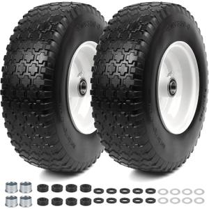 AR-PRO (2 Pack) 4.10/3.50-6 Flat Free Tire and Wheel, Solid Tire with Steel Rim, 3" -6.25 Centered Hub, 3/4" Bearing with 5/8" Adapter, for Wheelbarrow, Hand Truck & Utility Equipment