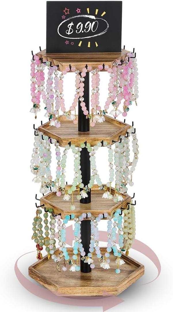 QILICHZ Rotating Bracelet Holder,4 Tier Bracelet Display Stand,Hexagon Bracelet Organizer,Wood Bangle Organizer,Jewelry Display for Vendors for Store,Show, Home Use