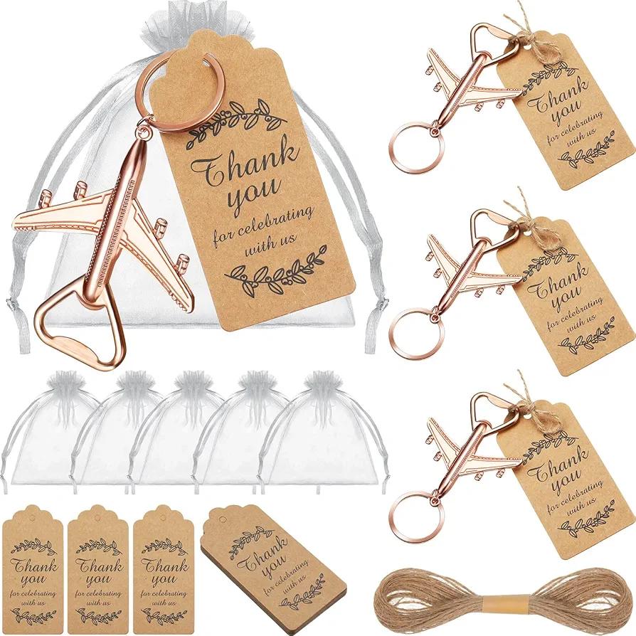Honeydak 20 Set Airplane Bottle Opener Keychains with White Sheer Favor Bag Thank You Card Tags for Wedding Favor Baby Shower Return Presents Travel Theme Party Let the Adventure Begin