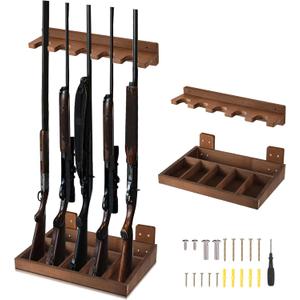GlikCeil 1 Set Wooden Vertical  Rack Wall Mount Indoor Hold up to 5 Long Guns Shotguns Rifle Racks Display Holder Stand for Display Storage Home Accessories Office (Brown)