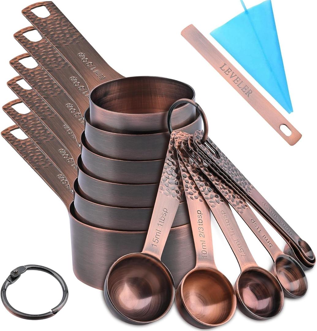 Copper Plated Measuring Cups and Spoons Set, 6 Measure Cups and 7 Stainless Steel Measurement Spoons with Leveler, Metal Kitchen Measuring Cups and Baking Measuring Spoons Set of 14