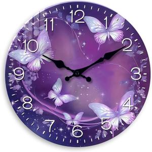 Purple Wall Clock for Girls Bedroom Analog Butterfly Wall Clocks Battery Operated 12 Inch Round Glass Wall Clock Silent