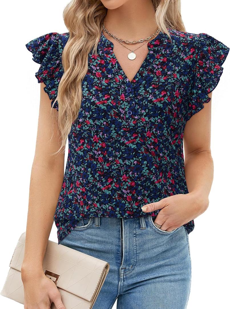 siliteelon Button Up Shirt Women Dressy Casual Womens Blouses V Neck Ruffle Short Sleeve Work 2026 Trendy Spring Summer Tops (L, Navy Floral)