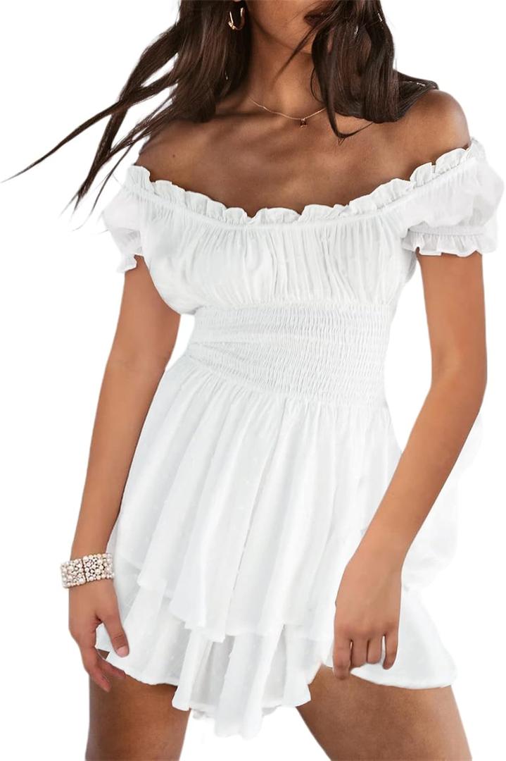 Amuver Women Pirate Romper Dress Flowy Ruffle Off-Shoulder Smocked Waist Party Dress with Shorts Jumpsuit Dresses (Small, White)