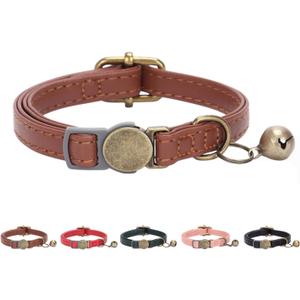 THAIN Leather Cat Collar with Bell Breakaway- Adjustable, Durable, Retro Bell fit Most Cats and Kittens (Brown)