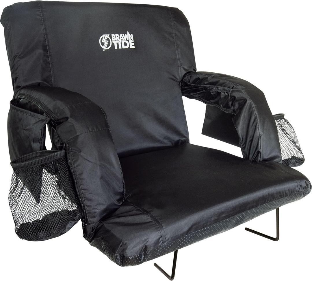 BRAWNTIDE Stadium Seat with Back Support - Comfy Cushion, Thick Padding, 2 Steel Bleacher Hooks, 4 Pockets, 2 Cup Holders, Reclining Back, Ideal Chair for Sport Events, Beaches, Camping, Concerts (Regular - Width 20.5 Inches, Black)