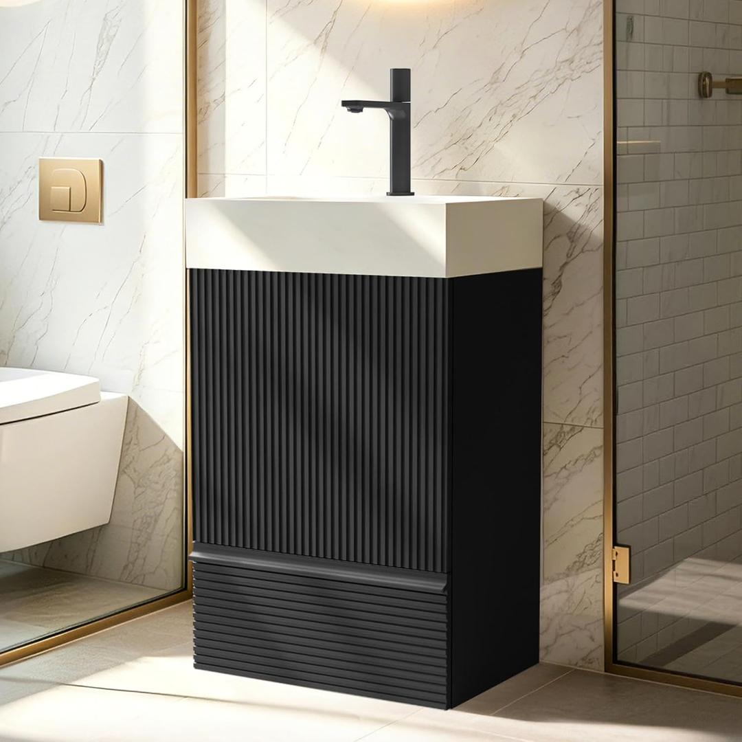 Fashionable Striped 20 inch Bathroom Vanity with White Ceramic Sink, Freestanding Modern Storage Cabinet with Soft-Closing Door 1 Drawer, for Small Bathroom, Powder Room, Hotel Black