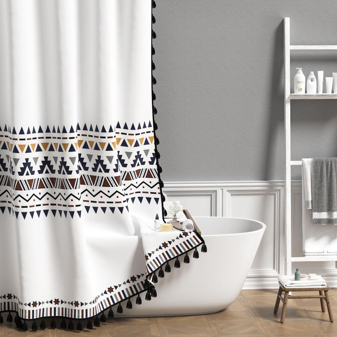 AOFOTO White Boho Shower Curtain with Black Tassel Chic Triangle and Geometric Waterproof Shower Curtain Modern Minimalist Bath Curtain Family Bathtub Bathroom Home Decor with Hooks 36x72 Inch