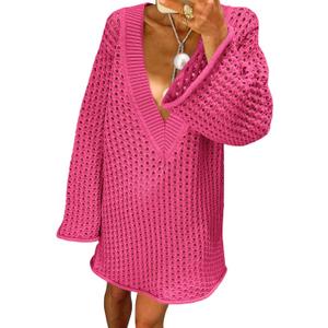 Saodimallsu Women Crochet Cover Up Long Sleeve Deep V Neck Hollow Out Sweater Oversized Beach Mini Dress Bathing Suit Coverup (Pink)