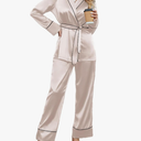 Ekouaer Satin Lounge Sets for Women 2 Pieces Silk Pajamas Set Long Sleeve Top with Pants Outfits with Belt, L