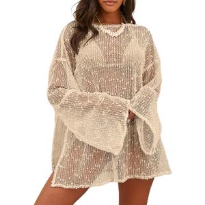 Lilosy Sexy Crochet Sheer Kaftan Caftan Beach Dress Bathing Suit Swim Coverup Summer Vacation Outfits One Piece (Medium, Light Khaki)