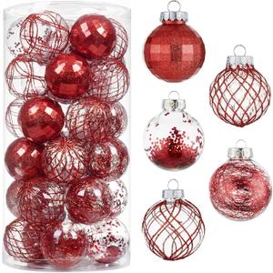 30ct Christmas Ball Ornaments-60mm/2.36" Shatterproof Clear Plastic Xmas Balls Baubles Set with Stuffed Delicate Sparkling, Hanging Christmas Tree Decorations(Red)