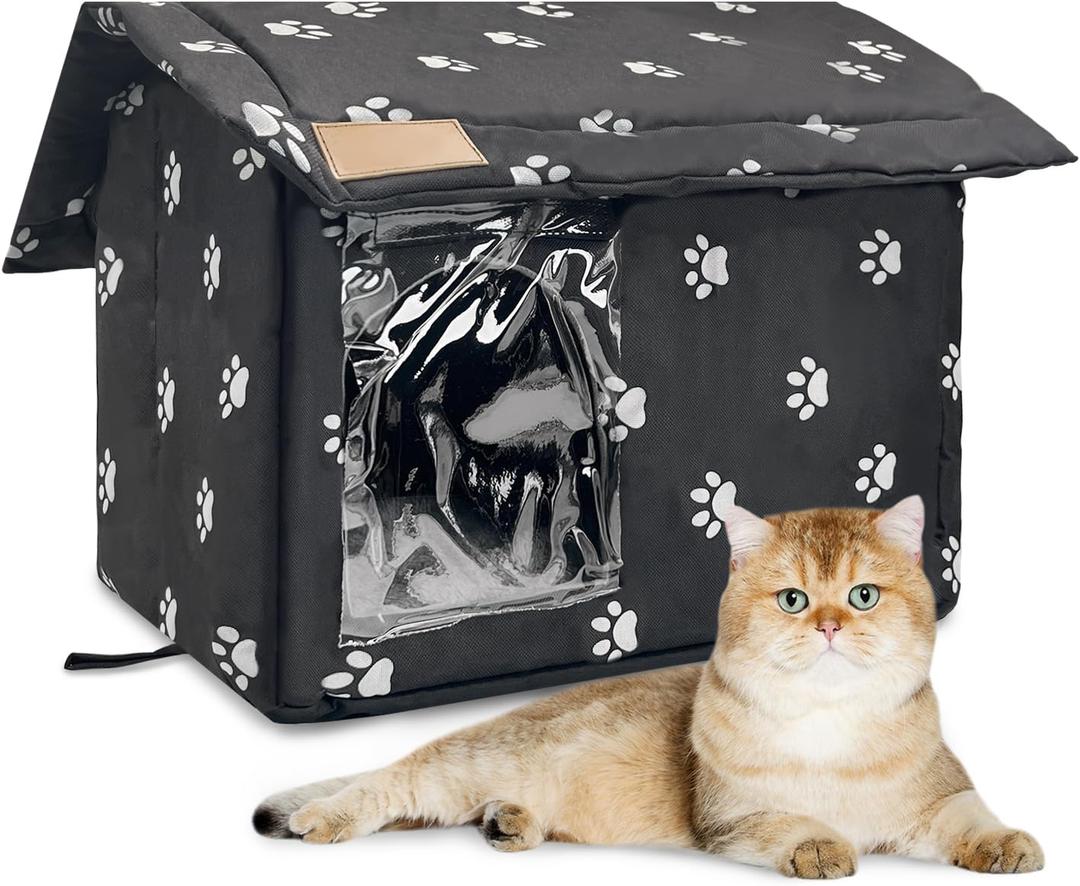Fhiny Stray Cats Shelter, Waterproof Outdoor Cat House Foldable Warm Pet Cave for Winter Wild Animal Tent Bed Anti-Slip Kitten Cave for Feral Cat Dog Puppy Weatherproof Black (M:15.7"13.7"15.7")