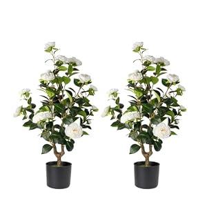 Artificial Camellia Tree 2 Pack - Realistic Camellia Plants in Pot with White Flowers, Lifelike Faux Greenery for Living Room, Patio, or Wedding, White