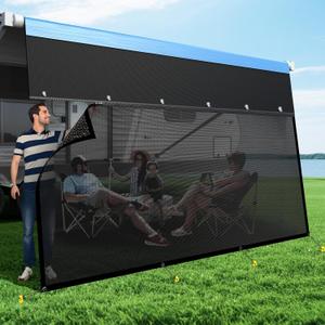RV Awning Sun Shade Screen with Zipper, Upgrade 600D Oxford Top + 8.11oz Denser Mesh Bottom, 95% UV Protection, Easy Install Sunscreen Shade Complete Kits for Trailer Awning 8' x 12'3''