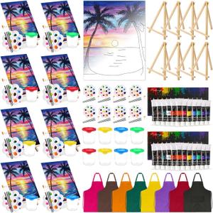 Cholemy 8 Set Paint and Sip Kit for Adults 8'' x 10'' Pre Drawn Canvas with Wooden Easels Acrylic Paint Brushes Wash Cup Palette Apron for Painting DIY Date Night Party Supplies(Sunset)