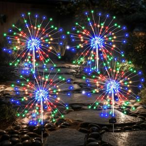 Solar Garden Firework Lights Outdoor Waterproof, 4 Pack Solar Lighting with 8 Lighting Modes , 120 LED Sparklers String Lights for Outside Decor Yard Pathway Halloween Decorations(Colorful)